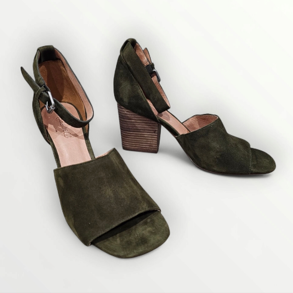 MADEWELL Women Alena Olive Green Suede Block Heel Ankle Strap Heels Sandals 10M